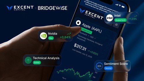 Excent Capital Partners With BridgeWise to Bring AI-Powered Market Analysis to All Traders - MENAWireNOW Close-up of a hand holding a smartphone with stock analytics overlays: Nvidia Buy (+0.84%), Apple (AAPL) quote, Technical Analysis Bullish, Sentiment Score 65% Neutral, Intel Outperform.