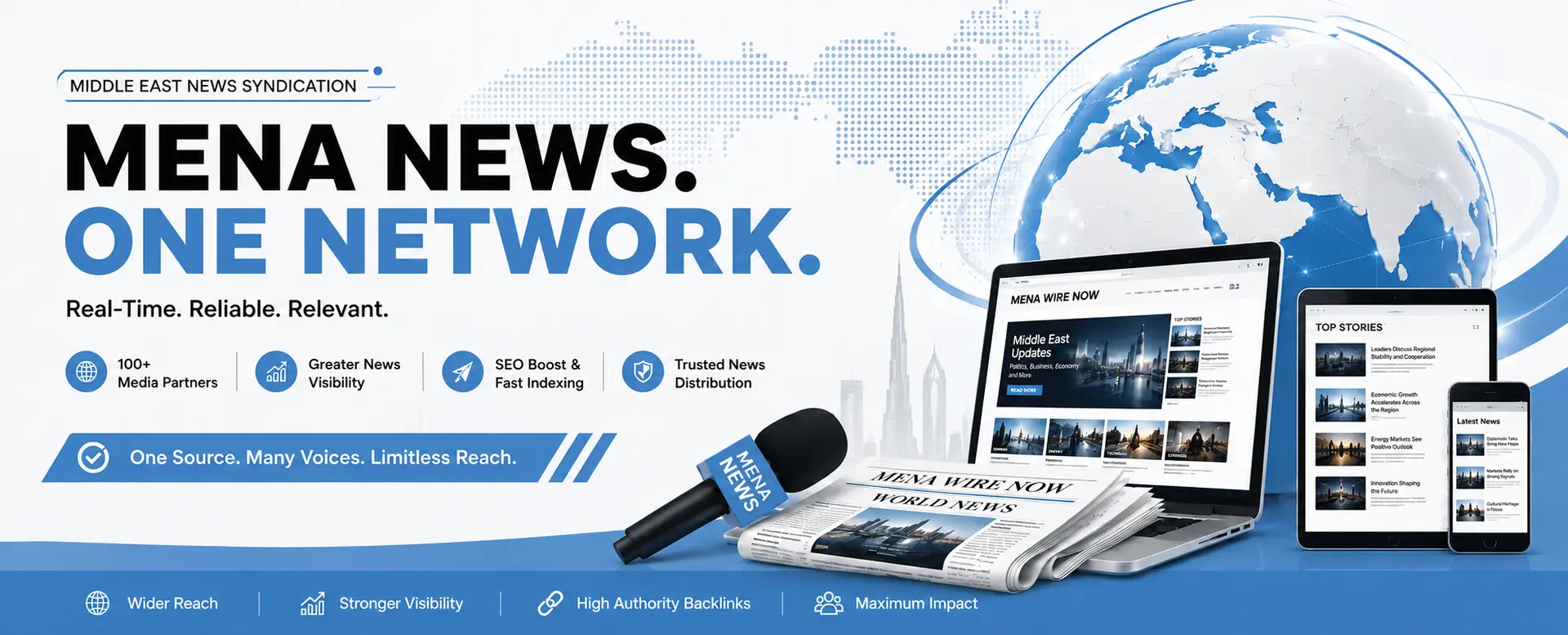 Promotional banner for MENA News Network showing a globe, tablet, laptop, phone, and newspaper with the headline 'MENA NEWS. ONE NETWORK.'