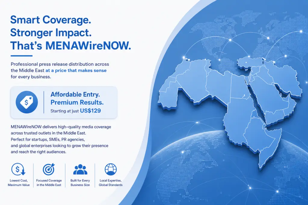 Blue marketing hero image with a left-aligned bold headline about MENAwireNOW and a light-blue callout card, and a right-side 3D blue map of the Middle East connected by glowing network lines.