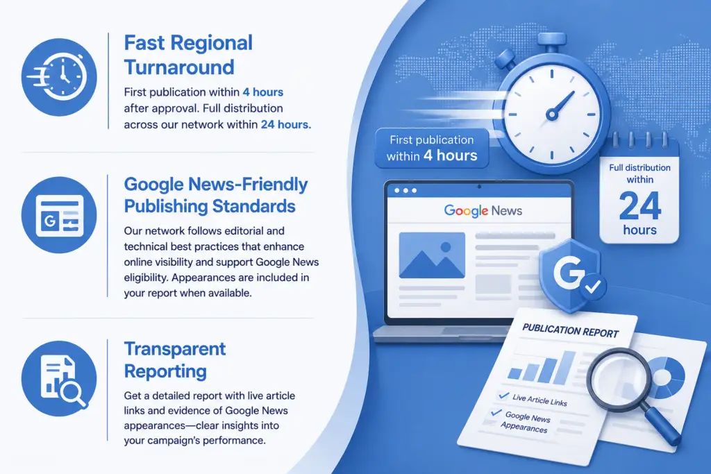 Infographic highlighting fast regional turnaround, Google News publishing standards, and transparent reporting with a blue tech theme on the right side.