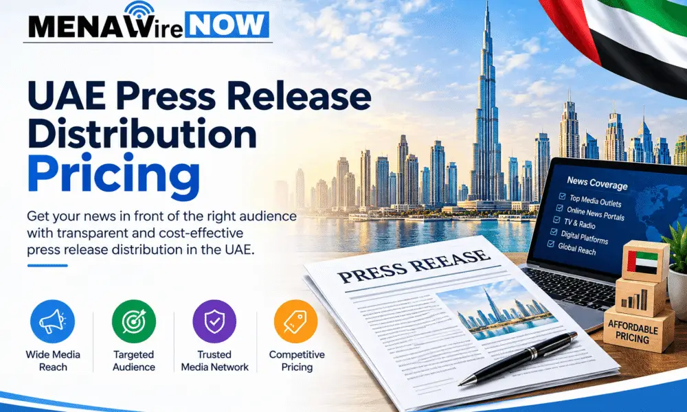 Promotional banner advertising UAE press release distribution pricing with Dubai skyline, a press release, laptop displaying News Coverage, and four feature icons (reach, audience, trust, pricing).
