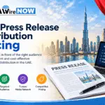 Promotional banner advertising UAE press release distribution pricing with Dubai skyline, a press release, laptop displaying News Coverage, and four feature icons (reach, audience, trust, pricing).