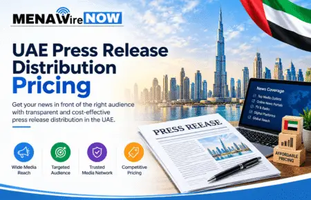 Promotional banner advertising UAE press release distribution pricing with Dubai skyline, a press release, laptop displaying News Coverage, and four feature icons (reach, audience, trust, pricing).