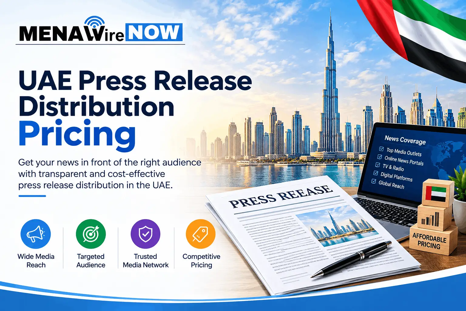 Promotional banner advertising UAE press release distribution pricing with Dubai skyline, a press release, laptop displaying News Coverage, and four feature icons (reach, audience, trust, pricing).