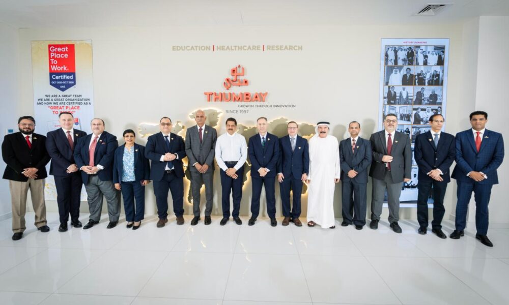 Dr. Thumbay Moideen, Founder and President of Thumbay Group, with the heads of Gulf Medical University’s constituent colleges at the start of the 2026–2027 academic year.