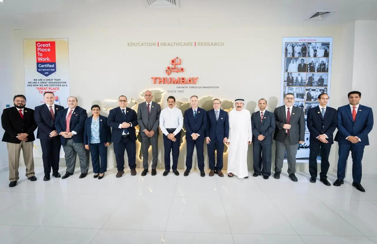 Dr. Thumbay Moideen, Founder and President of Thumbay Group, with the heads of Gulf Medical University’s constituent colleges at the start of the 2026–2027 academic year.