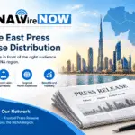 Banner promoting MENAwire NOW press release distribution for the Middle East, with city skyline, map of Africa, and a newspaper image.”