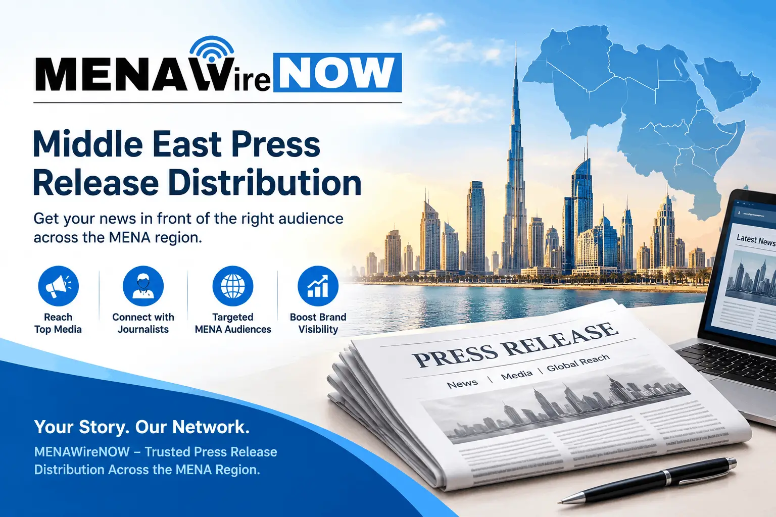 Banner promoting MENAwire NOW press release distribution for the Middle East, with city skyline, map of Africa, and a newspaper image.”