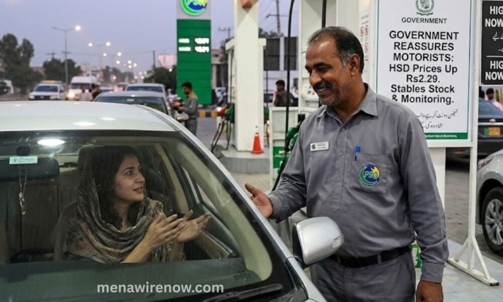 Gas station attendant chats with a driver inside a car at the fueling pump.