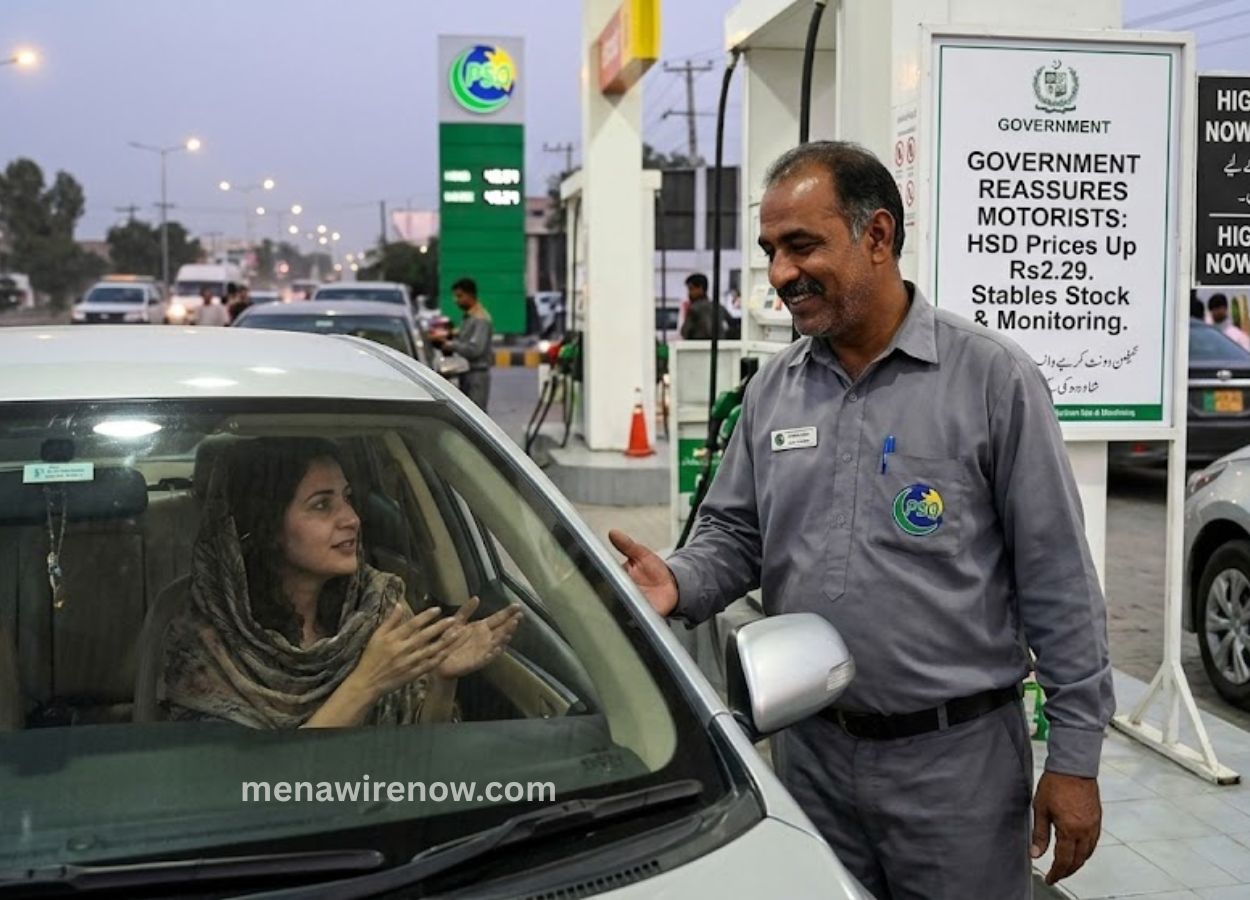 Gas station attendant chats with a driver inside a car at the fueling pump.