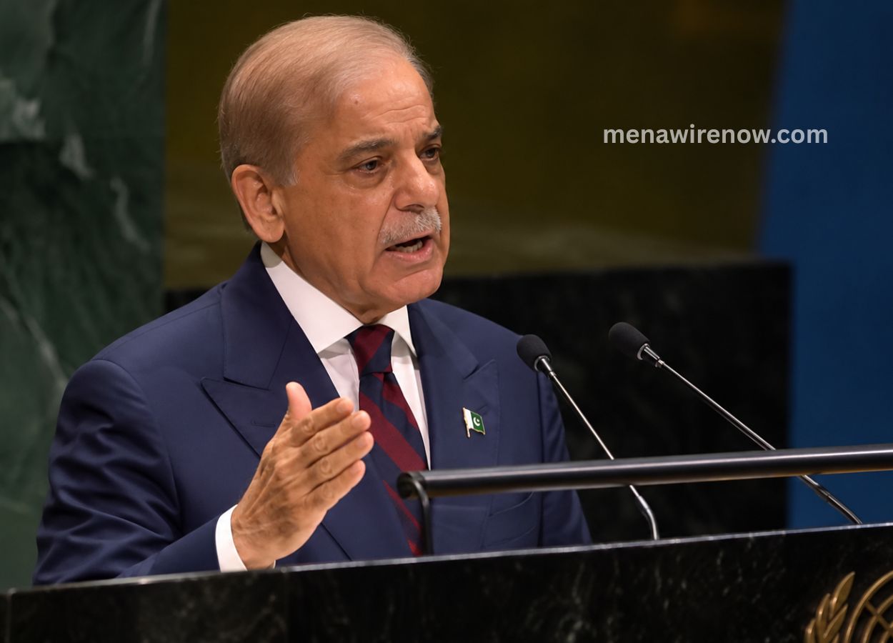 Man in a navy suit speaks at a podium with two microphones, gesturing with his hand; small Pakistan flag pin on his lapel.