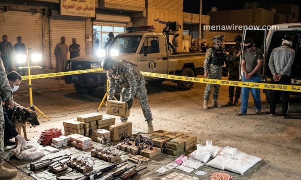 Night scene of a police raid: seized weapons and packages laid out on cloth, officers in tactical gear securing the area behind yellow caution tape.