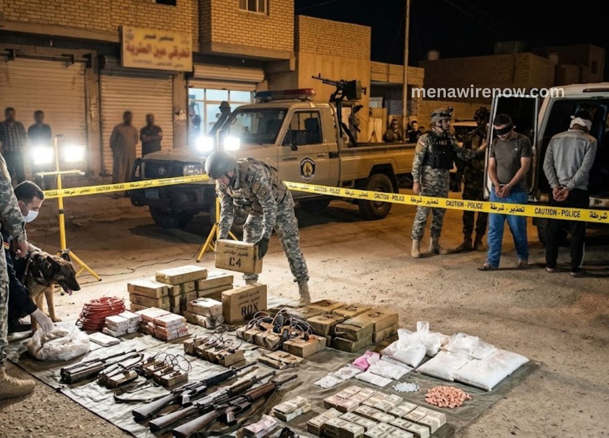 Night scene of a police raid: seized weapons and packages laid out on cloth, officers in tactical gear securing the area behind yellow caution tape.