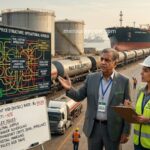 Port briefing scene with a man in a suit and a woman in a hard hat explaining a diesel supply diagram beside tankers and a cargo ship in the background, showing active logistics operations.