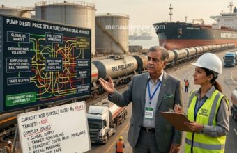 Port briefing scene with a man in a suit and a woman in a hard hat explaining a diesel supply diagram beside tankers and a cargo ship in the background, showing active logistics operations.