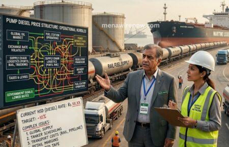 Port briefing scene with a man in a suit and a woman in a hard hat explaining a diesel supply diagram beside tankers and a cargo ship in the background, showing active logistics operations.