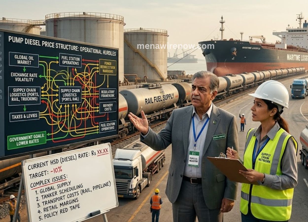 Port briefing scene with a man in a suit and a woman in a hard hat explaining a diesel supply diagram beside tankers and a cargo ship in the background, showing active logistics operations.
