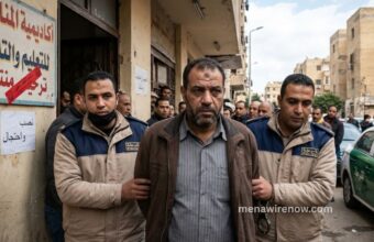 A middle-aged man is escorted by two uniformed officers down a city street, with onlookers and buildings in the background.