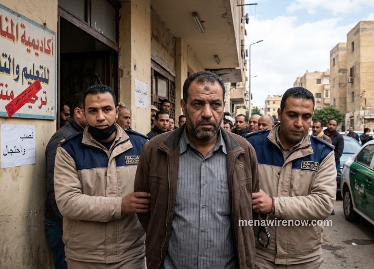 A middle-aged man is escorted by two uniformed officers down a city street, with onlookers and buildings in the background.